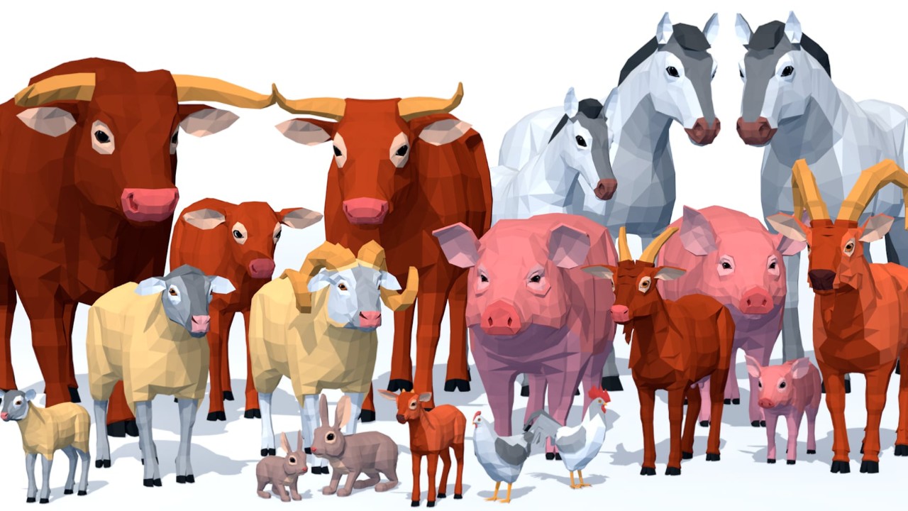 LowPoly Farm Animals 6种动物和2种鸟类动画合集